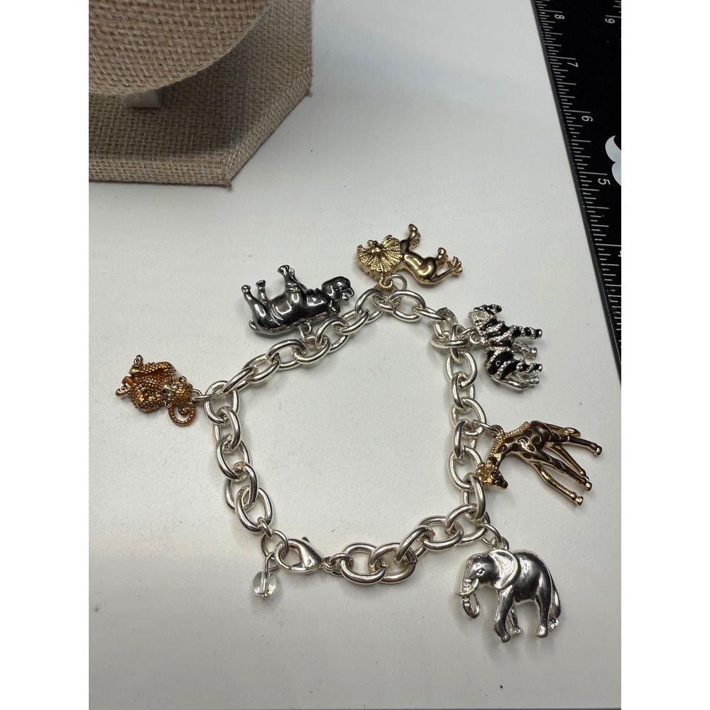 Safari Animal Charm Bracelet Silver‎ Gold Tone Elephant Giraffe Zebra Rhinestone